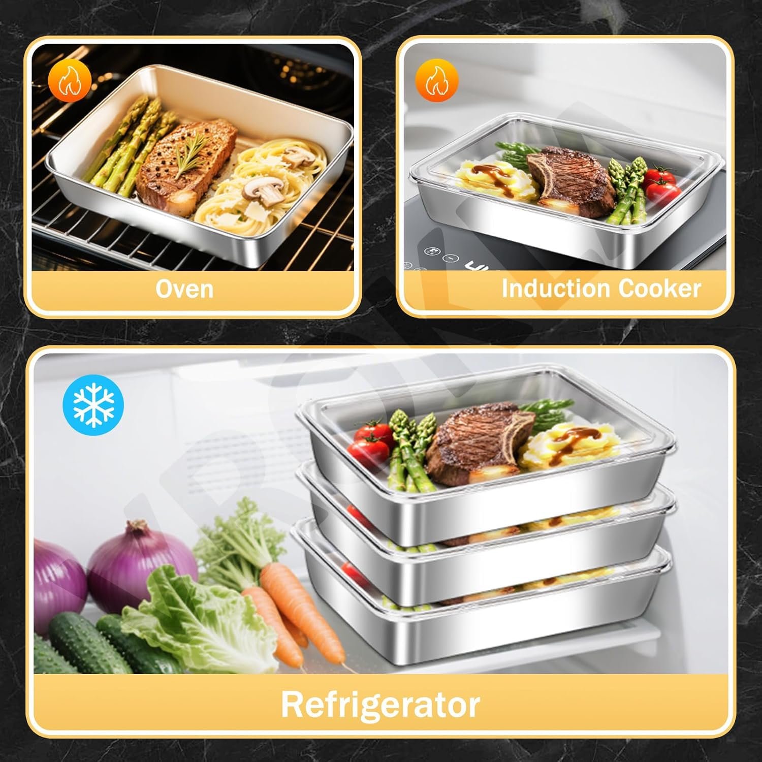 4pcs Stainless Steel Food Storage Containers with Clear Lids, Food Serving & Baking Stackable Snack Tray for Kitchen, Microwave, Freezer, BBQ Party, Office, Gym Lunch (2000ML) - Image 3